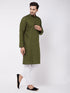 Men's Mehendi Green Solid Cotton Blend Kurta And White  Pyjama Set